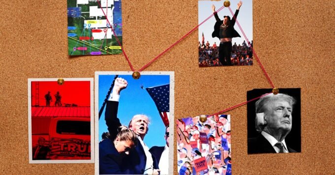 Donald Trump at a rally, with text overlay discussing conspiracy theories.