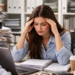 Beyond Burnout: Reclaiming Your Career from Workplace Overwhelm 8 A person looking stressed and overwhelmed at a desk filled with papers and a laptop, symbolizing workplace burnout and stagnation.