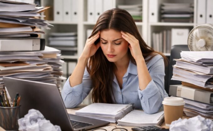 Beyond Burnout: Reclaiming Your Career from Workplace Overwhelm 9 A person looking stressed and overwhelmed at a desk filled with papers and a laptop, symbolizing workplace burnout and stagnation.