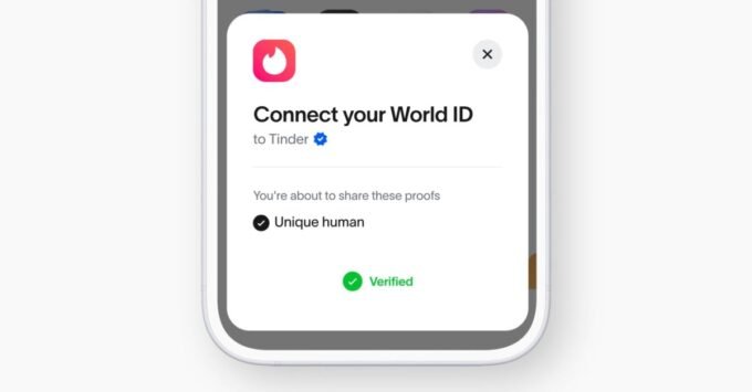 A World ID orb with the Tinder logo superimposed, symbolizing identity verification for dating apps.