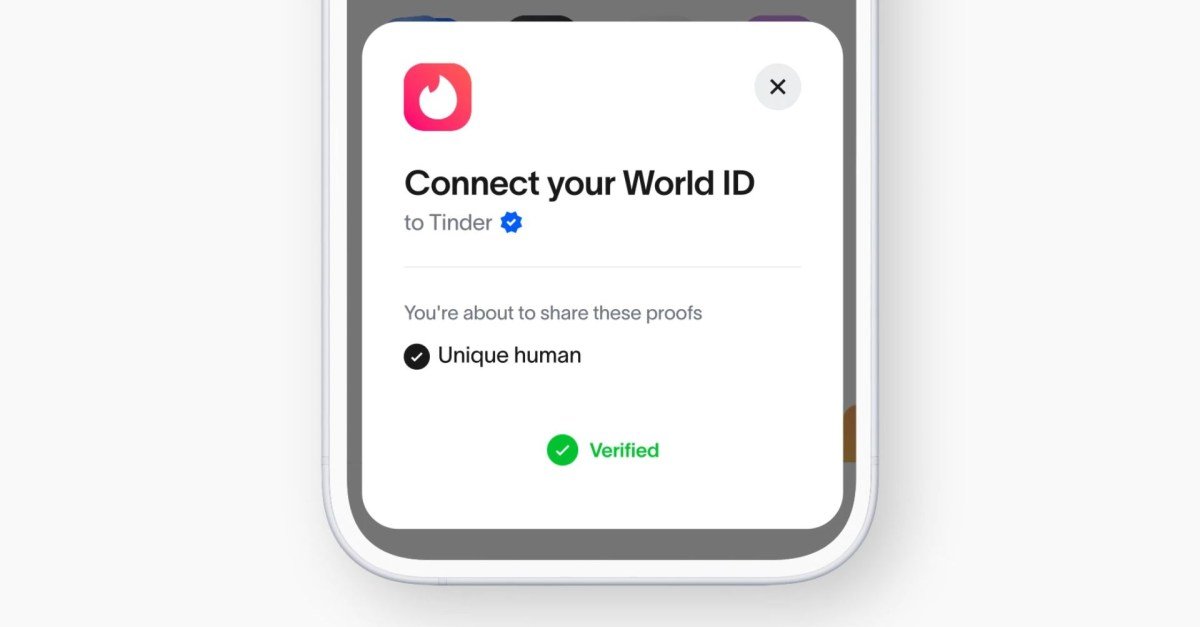 A World ID orb with the Tinder logo superimposed, symbolizing identity verification for dating apps.