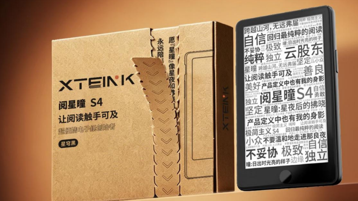 A sleek, compact Xteink S4 e-reader displaying an e-book, held in a hand.