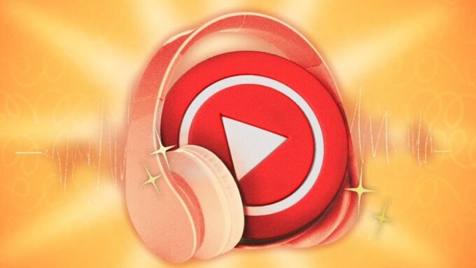 A person enjoying music on a smartphone with the YouTube Music app interface visible.