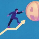 A leader navigating complex data streams and team interactions, with AI-generated insights swirling around, symbolizing the challenges and opportunities of AI in leadership.