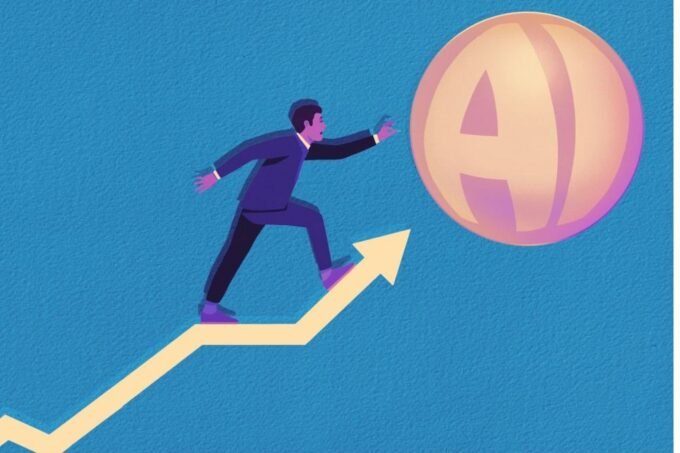 A leader navigating complex data streams and team interactions, with AI-generated insights swirling around, symbolizing the challenges and opportunities of AI in leadership.