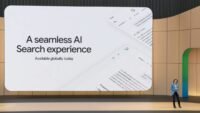 A graphic illustrating various search engine logos, with a focus on user control over AI features, contrasting with a Google Search interface showing AI summaries.