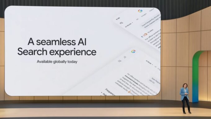A graphic illustrating various search engine logos, with a focus on user control over AI features, contrasting with a Google Search interface showing AI summaries.