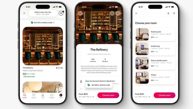 A traveler using the Airbnb app to explore various new services like hotel bookings, grocery delivery, and car rentals, with iconic global landmarks in the background.