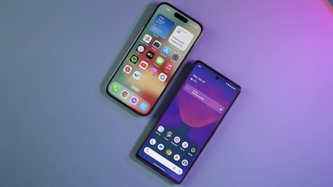 An Android phone and an iPhone side-by-side, with arrows indicating file transfer between them, symbolizing AirDrop compatibility.