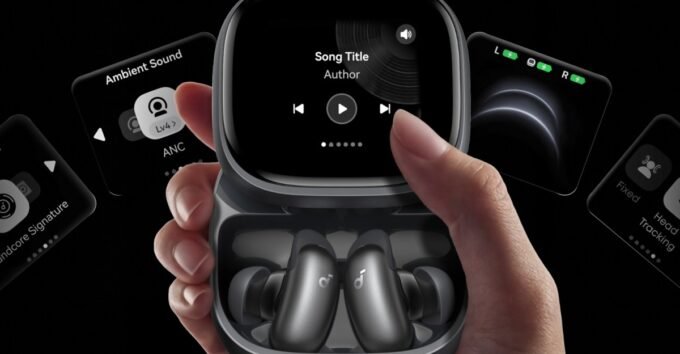 Anker Soundcore Liberty 5 Pro Max earbuds and charging case with a large touchscreen display.