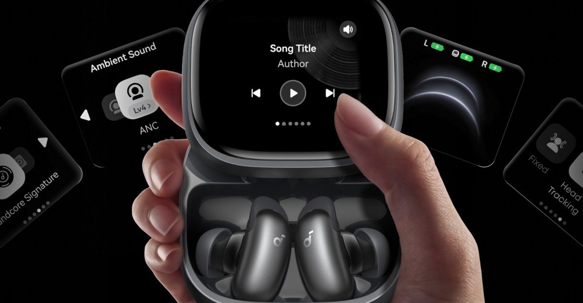 Anker Soundcore Liberty 5 Pro Max earbuds and charging case with a large touchscreen display.