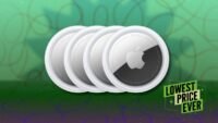 A four-pack of Apple AirTags displayed with a smartphone showing the Find My app interface.