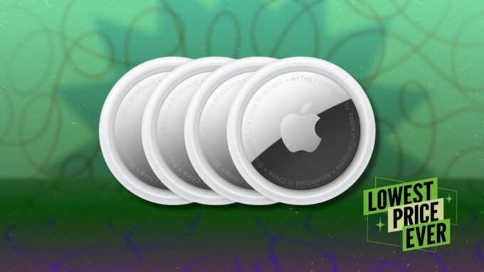 A four-pack of Apple AirTags displayed with a smartphone showing the Find My app interface.