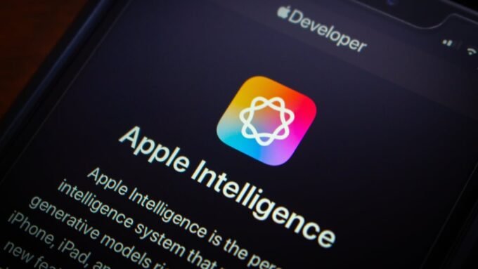 An iPhone screen displaying a weather notification summary from Apple Intelligence with a highlighted, made-up word like 'Imbixtent'.
