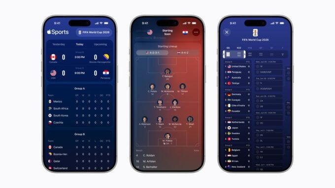 Apple Sports app logo displayed on an iPhone screen with a soccer match in the background, symbolizing its global expansion for the World Cup.