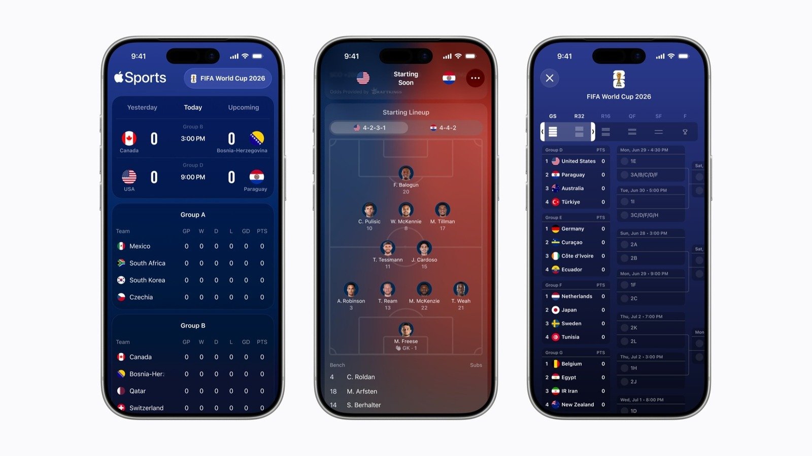 Apple Sports app logo displayed on an iPhone screen with a soccer match in the background, symbolizing its global expansion for the World Cup.