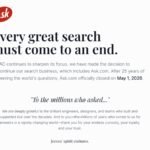 Screenshot of Ask.com homepage announcing its closure, featuring the text 'After 25 years of answering the world's questions, Ask.com officially closed on May 1, 2026.'