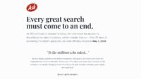 Screenshot of Ask.com homepage announcing its closure, featuring the text 'After 25 years of answering the world's questions, Ask.com officially closed on May 1, 2026.'