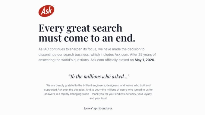 Screenshot of Ask.com homepage announcing its closure, featuring the text 'After 25 years of answering the world's questions, Ask.com officially closed on May 1, 2026.'