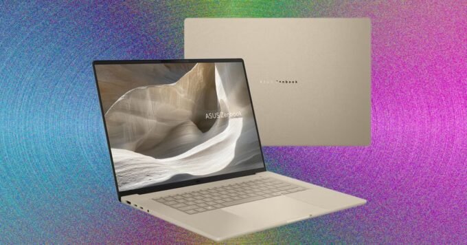 Asus Zenbook A16 (2026) laptop in Zabriskie Beige, showcasing its screen and keyboard.