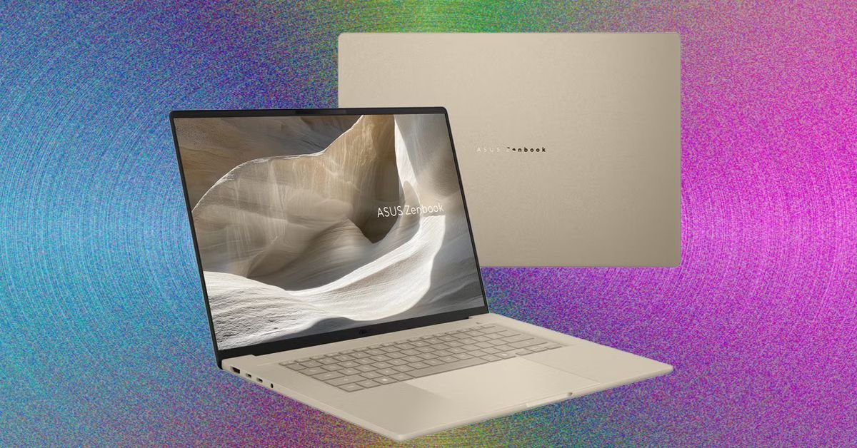 Asus Zenbook A16 (2026) laptop in Zabriskie Beige, showcasing its screen and keyboard.