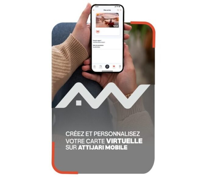 Une carte bancaire virtuelle affichée sur un smartphone, symbolisant le paiement en ligne et la digitalisation bancaire d'Attijariwafa Bank.