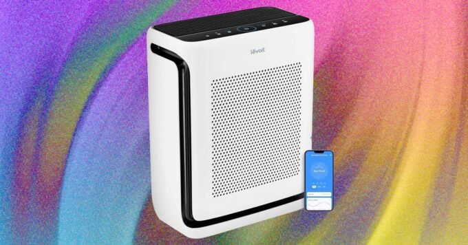 A sleek, modern air purifier silently operating in a brightly lit living room, symbolizing clean and fresh indoor air.