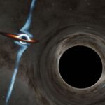 Illustration of a normal-sized black hole isolated in the vastness of space, bending light around it.