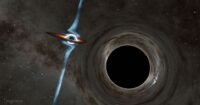 Illustration of a normal-sized black hole isolated in the vastness of space, bending light around it.