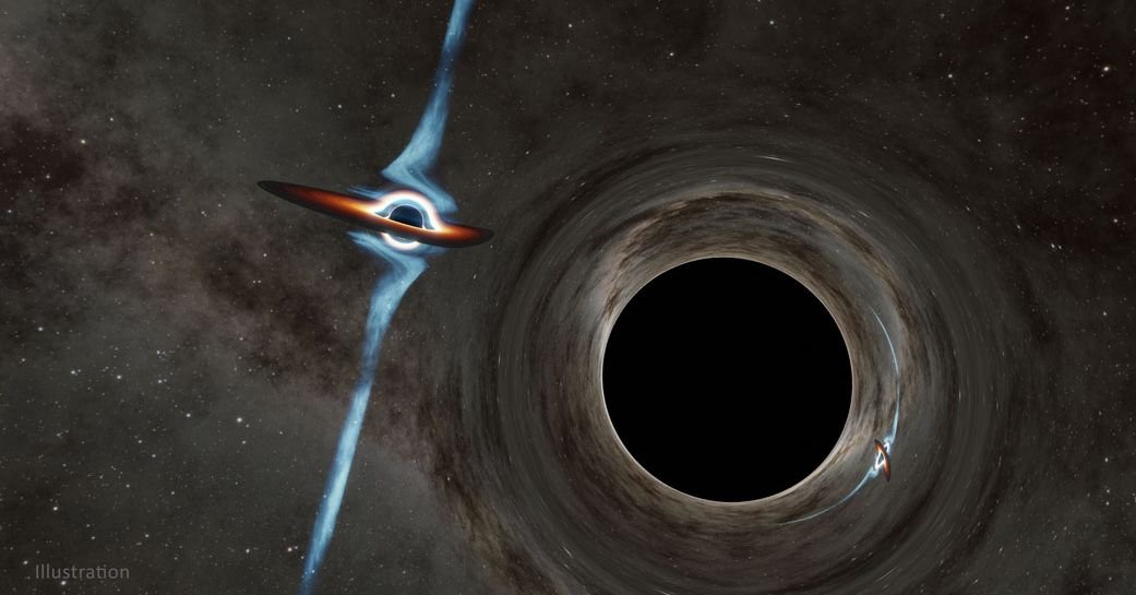Illustration of a normal-sized black hole isolated in the vastness of space, bending light around it.