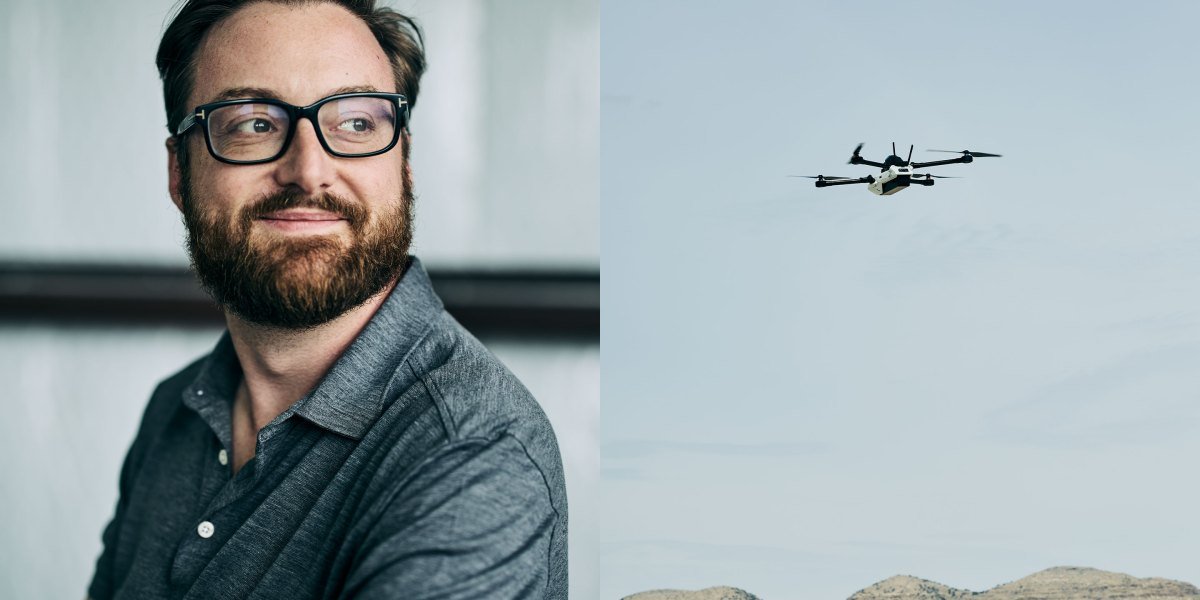 Brian Schimpf, CEO of Anduril, standing in front of a Sentry tower in the California desert.