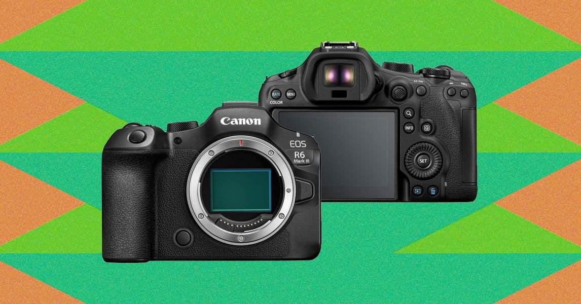 Canon EOS R6 Mark III mirrorless camera with a lens attached, showcasing its professional design and capabilities.
