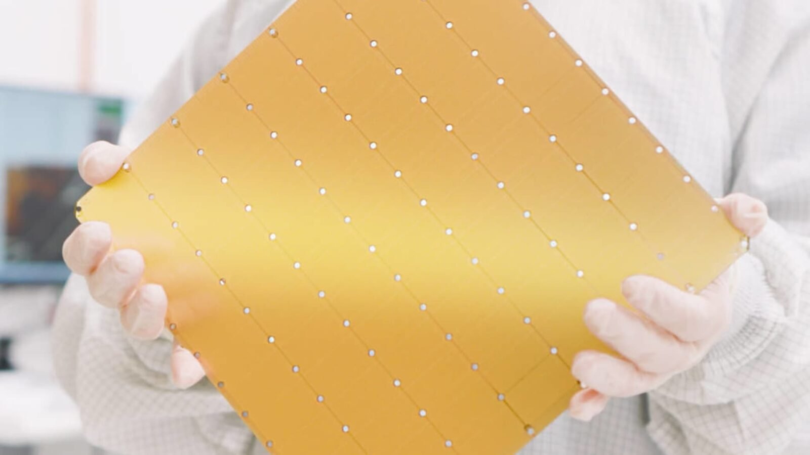 A close-up view of the Cerebras Wafer-Scale Engine (WSE) chip, showcasing its massive size and intricate design.