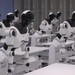A gavel striking a sound block with a robotic hand, symbolizing legal decisions regarding AI and employment in China.