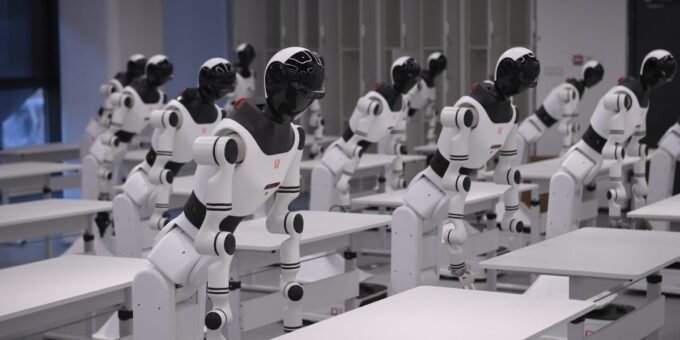A gavel striking a sound block with a robotic hand, symbolizing legal decisions regarding AI and employment in China.