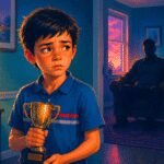 A young child receiving a tennis trophy from an adult, symbolizing conditional affection and a childhood bargain.