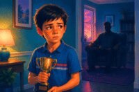 A young child receiving a tennis trophy from an adult, symbolizing conditional affection and a childhood bargain.