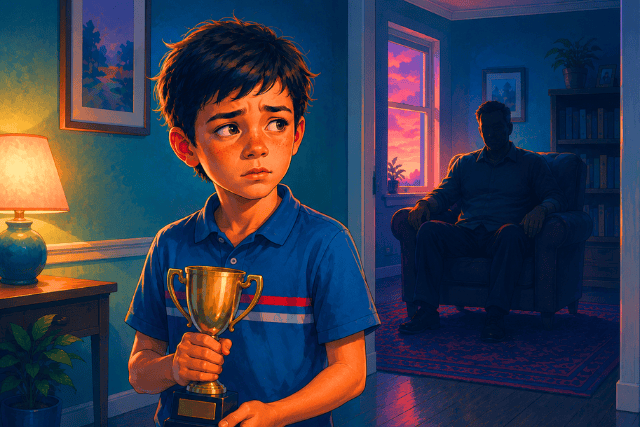 A young child receiving a tennis trophy from an adult, symbolizing conditional affection and a childhood bargain.