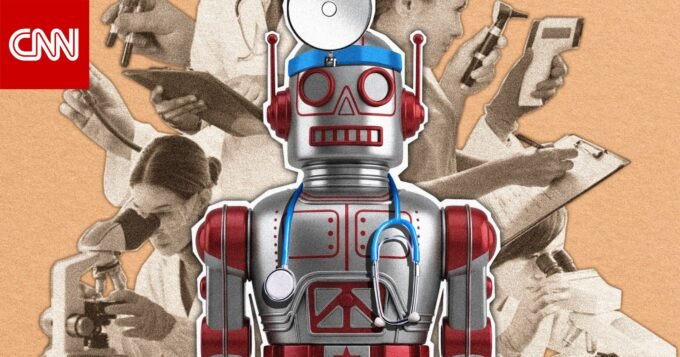طبيب يستخدم روبوت دردشة مدعوم بالذكاء الاصطناعي على جهاز لوحي في عيادة طبية.
