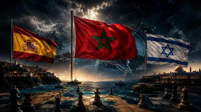 خريطة توضح موقع إسبانيا والمغرب وإسرائيل في سياق البحر الأبيض المتوسط
