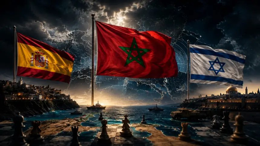 خريطة توضح موقع إسبانيا والمغرب وإسرائيل في سياق البحر الأبيض المتوسط