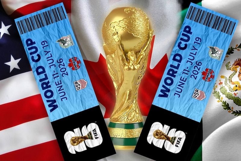 شعار كأس العالم 2026 مع تذاكر مباريات وخلفية ملاعب أمريكا الشمالية