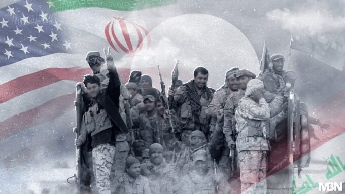 صورة تظهر أسلحة متنوعة أو شعار الدولة العراقية مع رموز للفصائل المسلحة، تعبر عن صراع السيطرة على السلاح.