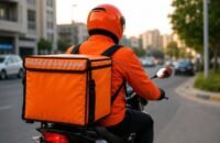 صورة توضيحية لكابتن توصيل من طلبات يحمل طلبًا، مع شعار الشركة في الخلفية، تعكس التغيير في نظام الإكراميات الجديد.