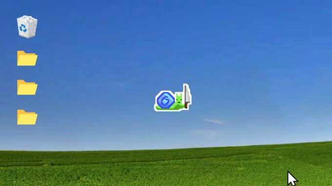 Screenshot of the 'Don't Touch the Snail' game interface, showing a snail chasing a mouse cursor on a desktop.