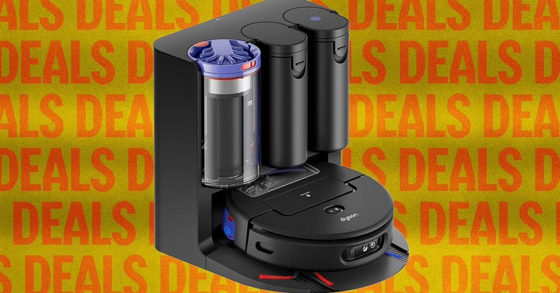 A collection of Dyson vacuum cleaners, including stick vacuums and a robot vacuum, displayed with Memorial Day sale tags.