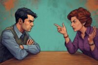 A person standing firm and calm while another person tries to provoke them, symbolizing strong emotional boundaries.