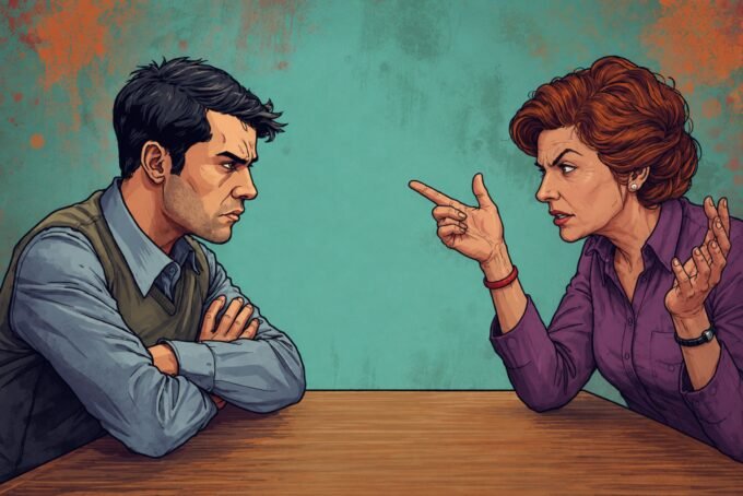 A person standing firm and calm while another person tries to provoke them, symbolizing strong emotional boundaries.