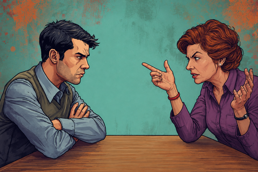 A person standing firm and calm while another person tries to provoke them, symbolizing strong emotional boundaries.