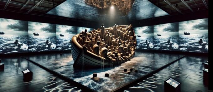 A conceptual image representing the integration of human empathy with artificial intelligence and immersive technology, possibly showing abstract data flows or human-like forms within a digital environment.
